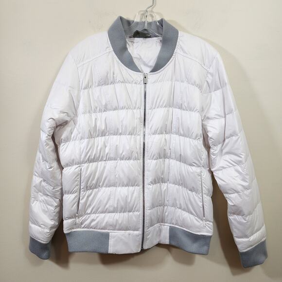 Athleta white with gray trim goose down lightweight puffer jacket womans size XL - Picture 2 of 10